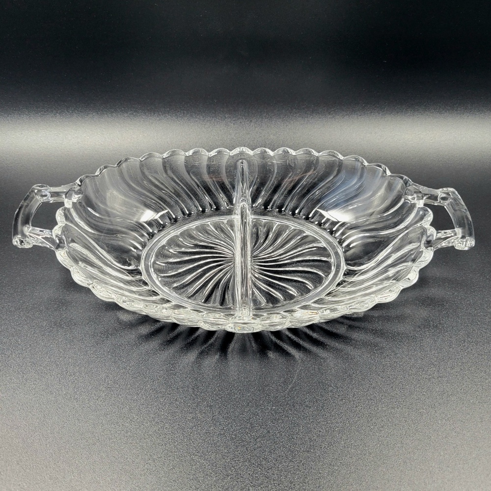 VTG Fostoria Colony‎ 2412 Swirl Glass 9" Oval 2 Part Relish Dish with Handles